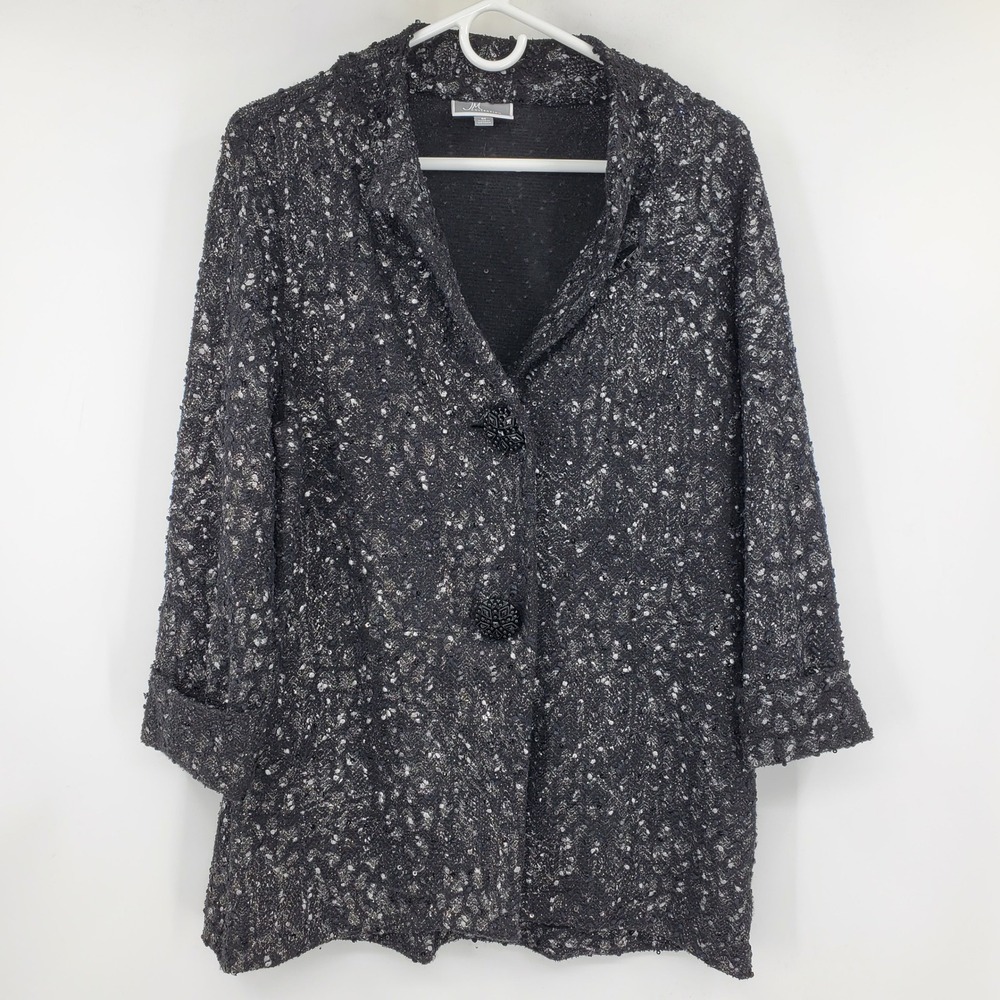 JM Collection Womens Black Silver Boucle Longline Jacket Metallic M Dressy
